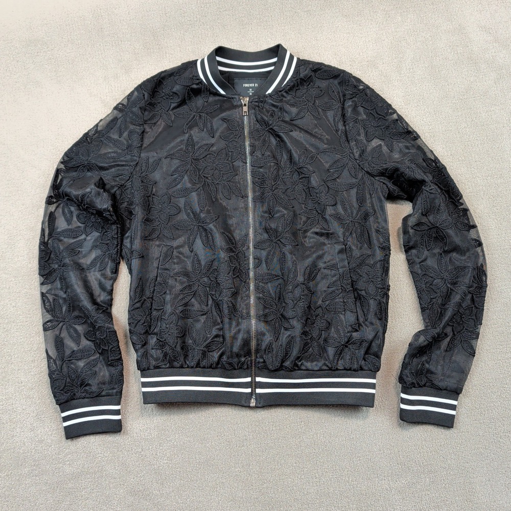 Forever 21 Bomber Jacket Size S Women Black Sheer Mesh Floral Embroidered Zip Up